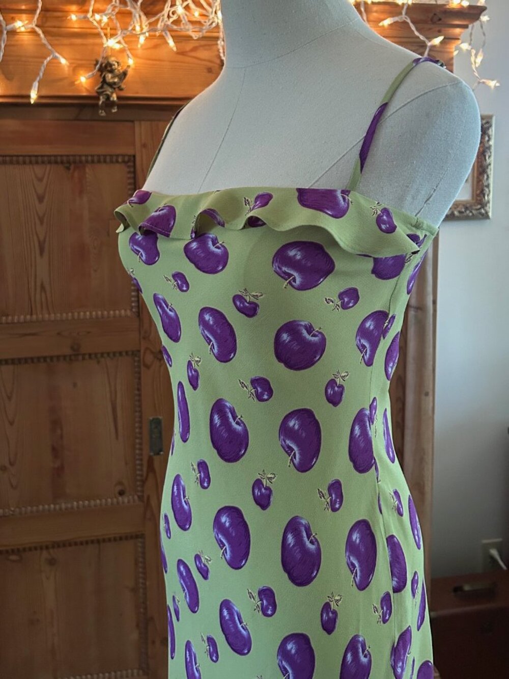 Rare Vintage Betsey Johnson Rayon Gold Purple Apples Dress NWOT - Picture 8 of 12